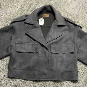 POL Gray Lace Back Button Down Jacket Size S